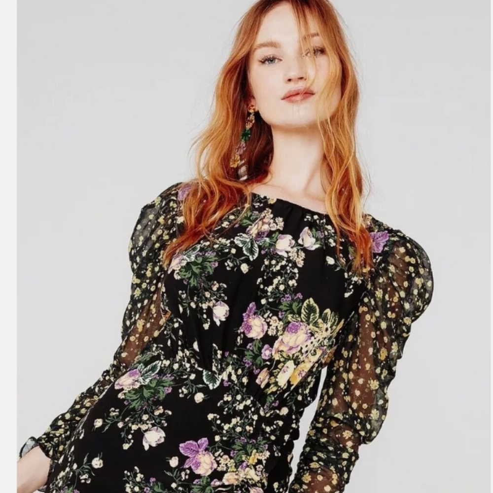 For Love & Lemons Black & Yellow Sheath Midi Dress w Bishop Sleeves Si… - Picture 4 of 8